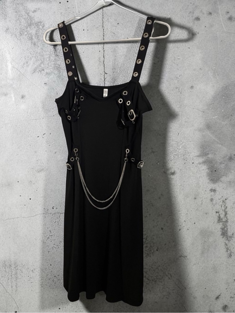 DressForum Black Gothic Grunge Grommet Chain Midi Dress – Size 8